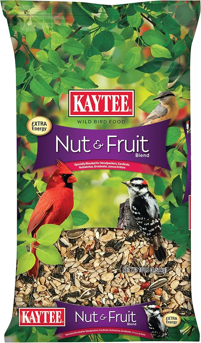 Kaytee Wild Bird Food Nut & Fruit Seed Blend For Cardinals, Chickadees, Nuthatches, Woodpeckers and Other Colorful Songbirds, 10 Pound