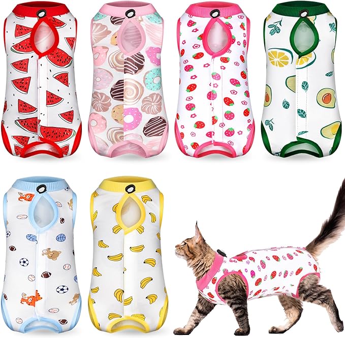 6 Set Cat Recovery Suit After Surgery Female and Male Cat Surgery Suit Kitten Recovery Suit E Collar Alternative Pajama Cat Clothes for Spay Suit Abdominal Skin Anti Licking(Fruit,Medium)