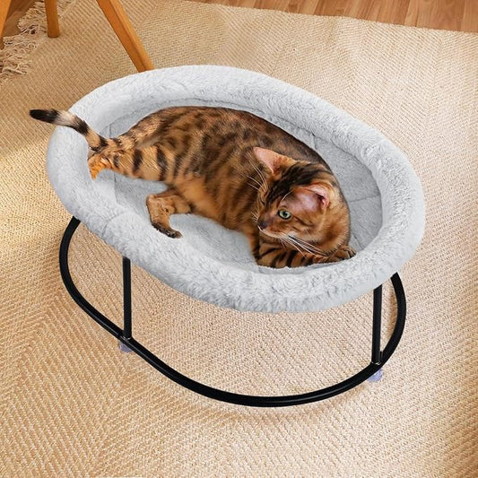 Elevated Cat Hammock Bed for Indoor Cats, Fluffy Warm Cuddle Cat Bed with Detachable Pad Bed Cover, Raised Pet Bed Cuddler for Sleeping Kittens, Small Dog, Oval Cat Hammock Grey