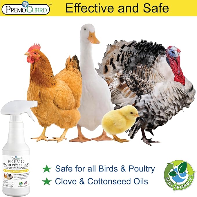 Poultry Spray by Premo Guard – 32 oz – Treat Mites, Fleas, Flies, and Lice – Fast Acting & Effective – Chicken, Turkey, Waterfowl, and Birds – Best Natural Protection for Control & Prevention