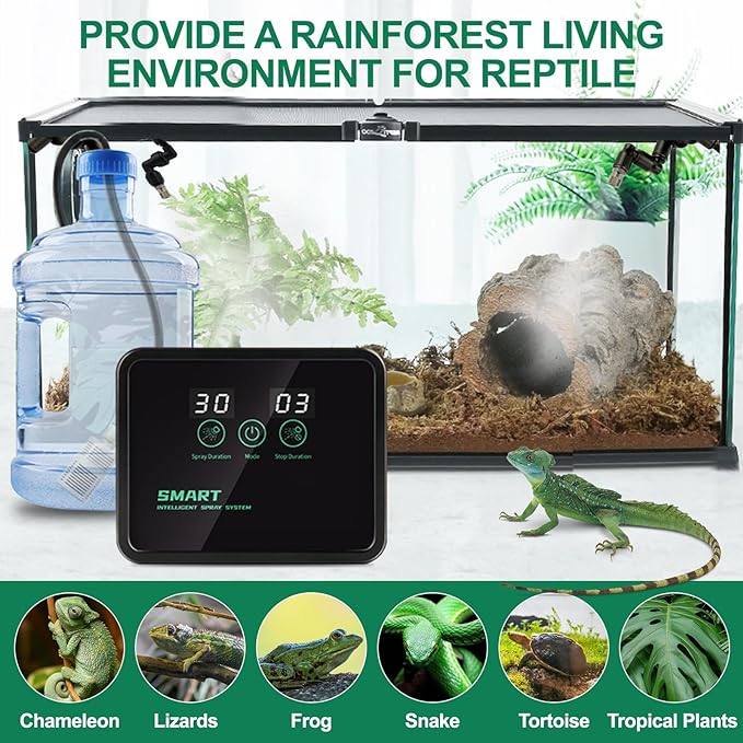 Reptile Humidifiers Smart Misting System for Reptile Terrariums, Reptile Mister Automatic with Timer, 360° Adjustable Misting Nozzles for Chameleons, Snake, Frog, Turtle, Lizard