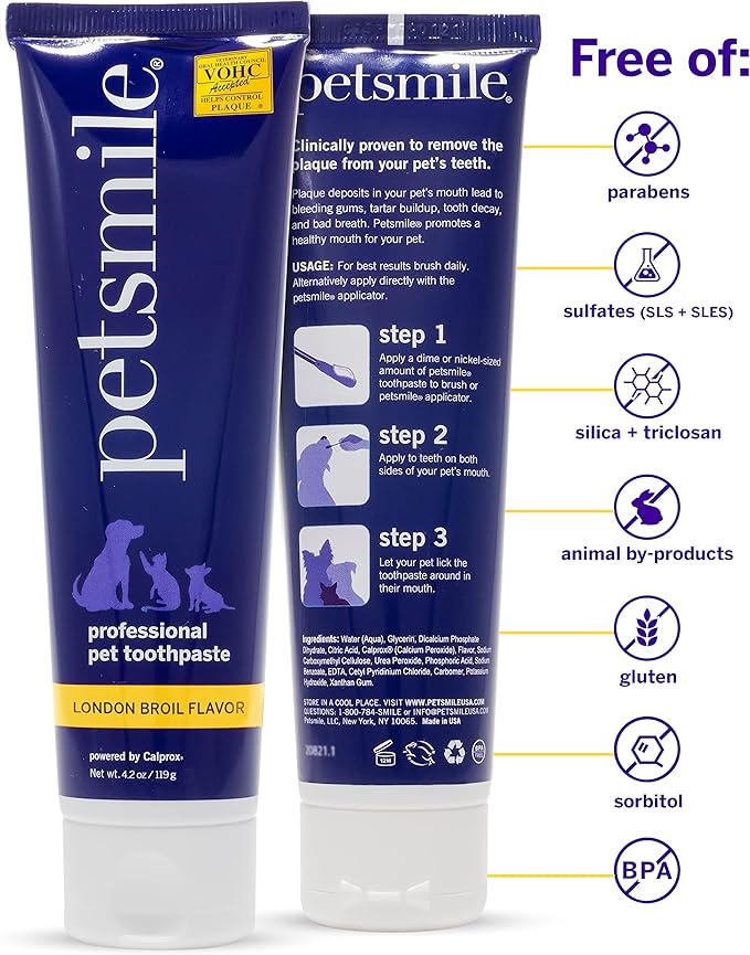 Petsmile Professional Pet Toothpaste - Cat & Dog Teeth Cleaning Supplies - Controls Plaque, Tartar, & Bad Breath - VOHC Accepted Toothpaste - Pet Dental Care Essentials (London Broil, 4.2 Oz)