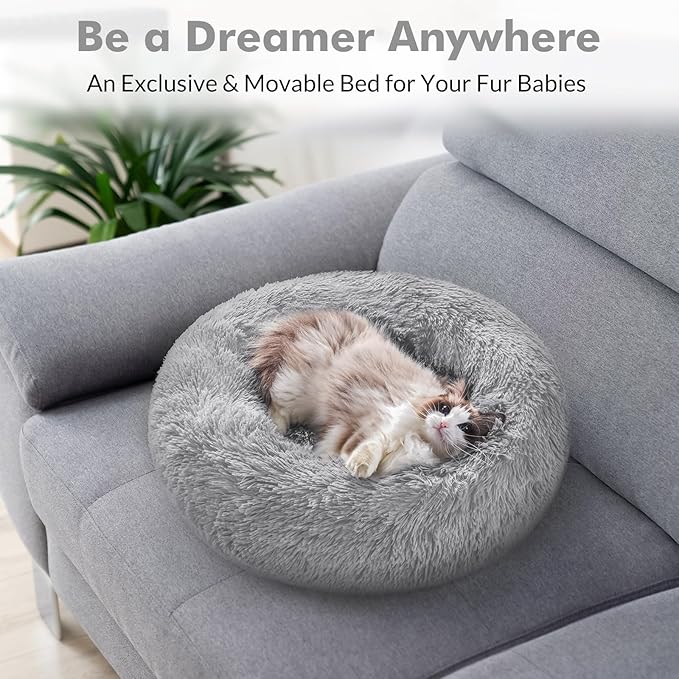 rabbitgoo Cat Beds for Indoor Cats, 24 inches Cat Bed Machine Washable, Fluffy Round Pet Bed Non-Slip, Calming Soft Plush Donut Cuddler Cushion Self Warming for Small Dogs Kittens, Light Grey, Large