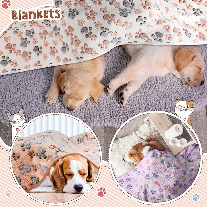 4 Pcs Pet Blanket Dog Puppy Blanket Paw Print Fleece Blanket for Small Medium Pet Dog Cat Warm Soft Sleep Mat Guinea Pig Cage Liners Blanket (White, Coffee, Pink, Purple,XX-Large(51 x 63 Inch))