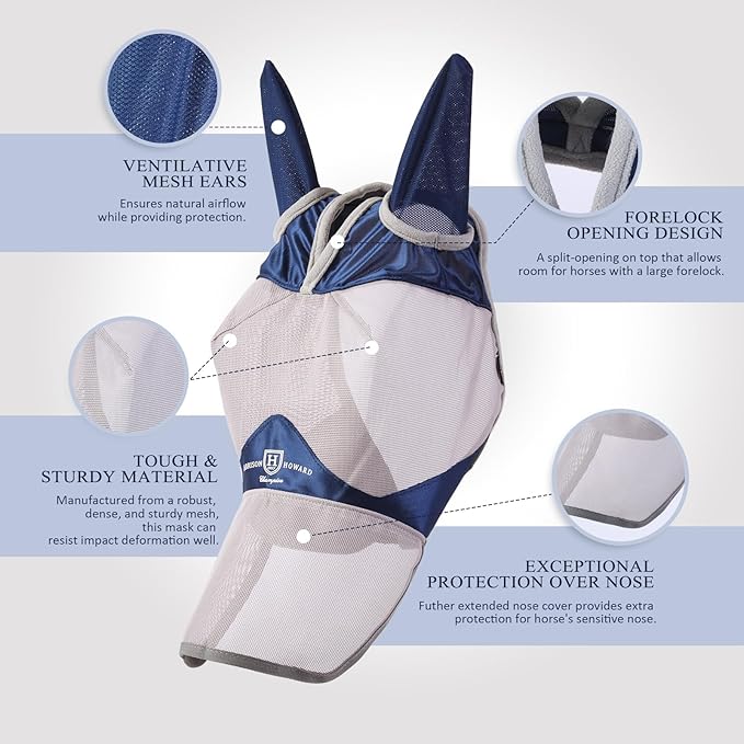 Harrison Howard Full Face Horse Fly Mask UV Protection and Breathable Mask for Equine Use Comfortable Fly Mask for Horses Navy XL