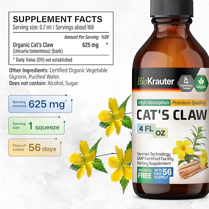 Cats Claw Herbal Supplement - Organic Cats Claw Tincture - Liquid Extract for Immune Support - Alcohol & Sugar Free - Vegan Drops 4 Fl.Oz.