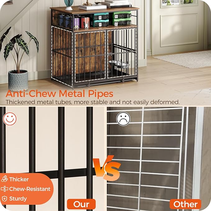 Dog Crate Furniture with Storage, 31.5" Heavy Duty Dog Kennel with Bowls & Removable Tray, Wooden Dog Cage End Table for Small/Medium Dogs, Chew-Resistant, Rustic Brown DCHR10801