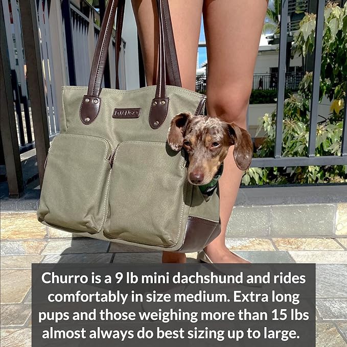 DJANGO Dog Carrier Bag - Waxed Canvas and Leather Soft-Sided Pet Travel Tote with Bag-to-Harness Safety Tether & Secure Zipper Pockets (Medium, Olive Green)