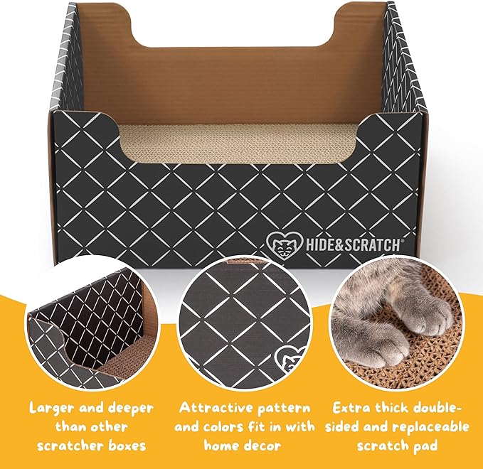 Hide & Scratch Extra-Large Heavy Duty Cardboard Cat Scratcher Box and Cat Bed with Refillable Scratch Pad