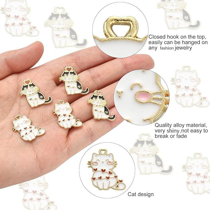 KitBeads 20pcs Enamel Cat Charms Kawaii Animal Heart Plated Kitten Charms Cartoon Pet Blak White Fat Cat Charms for Jewelry Making Bulk