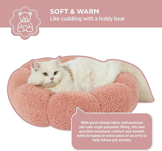 Lesure Calming Cat Beds for Indoor Cats - Cute Flower Pet Beds in Teddy Sherpa Plush, Donut Round Fluffy Puppy Bed, Non-Slip Extra Small Dog Bed Fits up to 15 lbs, Machine Washable, Pink 20"