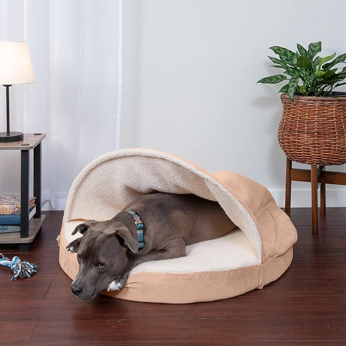 Furhaven 35" Round Cooling Gel Dog Bed for Large/Medium Dogs w/ Removable Washable Cover, For Dogs Up to 50 lbs - Sherpa & Suede Snuggery - Cream, 35-inch