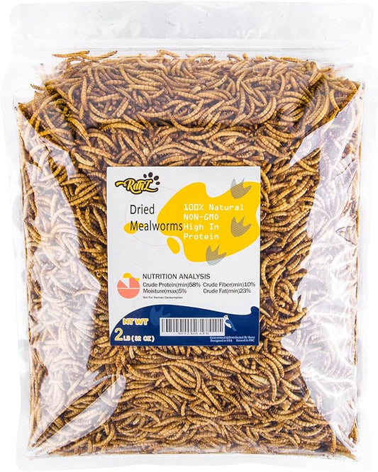 2LBS Non-GMO Dried Mealworms for Chickens, High Protein Meal Worms, Premium Chicken Feed, Whole Large Mealworms for Blue Birds, Ducks, Fish