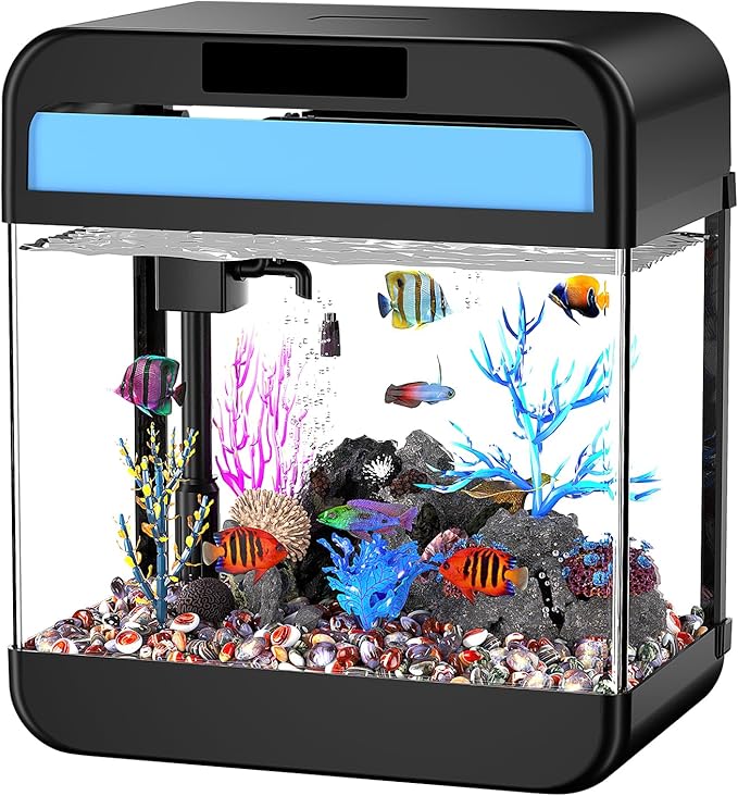 Fish Tank Aquarium 2.2 Gallon with Adjustable 3 Color Light Bead Self Cleaning 3 in 1 Pump with Filteration, Oxygenation, Water Circulation Triple Function, HD Heat Bending Glass, Leak-Proof Base