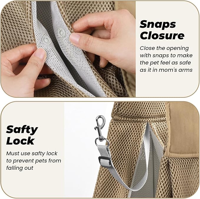 Dog Carrier Sling, Hand-Free Dog Sling Carrier for Small Dogs and Cats，Travel Safety Puppy Bag (Khaki)