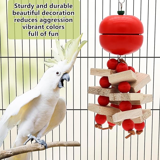 Bird Parrot Toys with Wood Blocks Beads and Colorful Ball, Hanging Parrots Cage Chewing Cascade Bite Toy for Small Medium Birds Vegetable Style(Tomato+Corn)