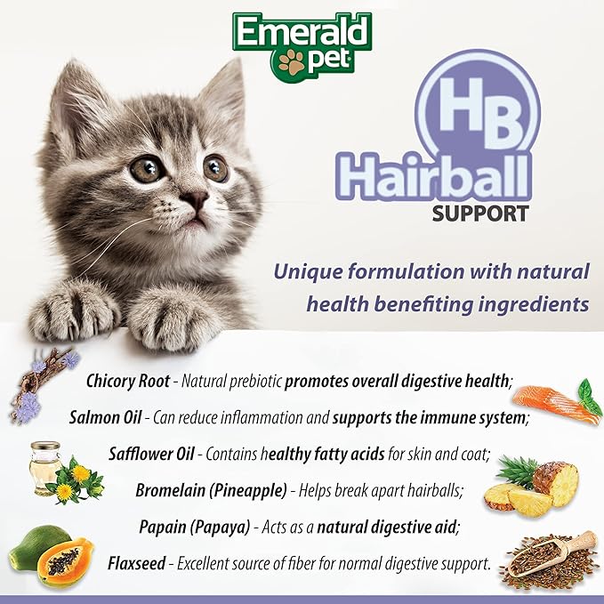 Emerald Pet Feline Health Chews Hairball Support — Natural Grain Free Feline Hairball Control Chews — Hairball Control Cat Supplements for Hairball Prevention and Elimination — Made in USA, 2.5 oz