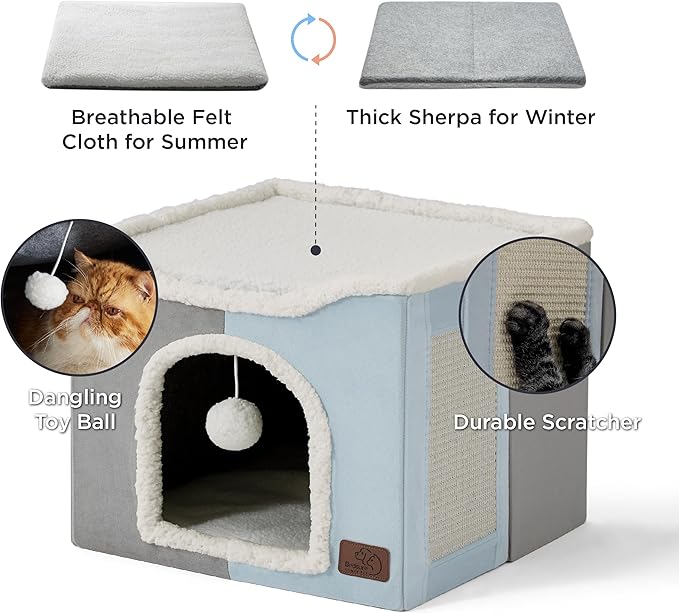 Bedsure Cat Beds for Indoor Cats - Large Cat Cave for Pet Cat House with Fluffy Ball Hanging and Scratch Pad, Foldable Cat Hideaway,16.5x16.5x13 inches, Pale Blue