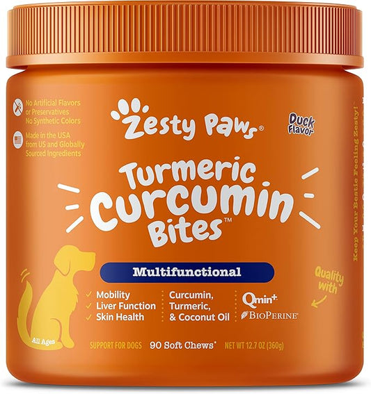 Zesty Paws Turmeric Curcumin for Dogs - for Hip & Joint Mobility Supports Canine Digestive Cardiovascular & Liver Health - Coconut Oil for Skin Health with 95% Curcuminoids + BioPerine Duck, 90 Count