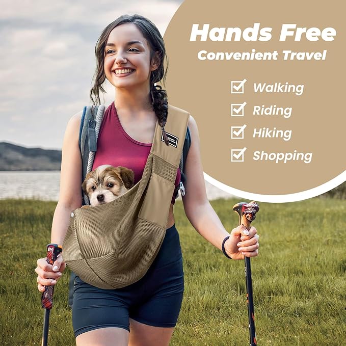 Dog Carrier Sling, Hand-Free Dog Sling Carrier for Small Dogs and Cats，Travel Safety Puppy Bag (Khaki)