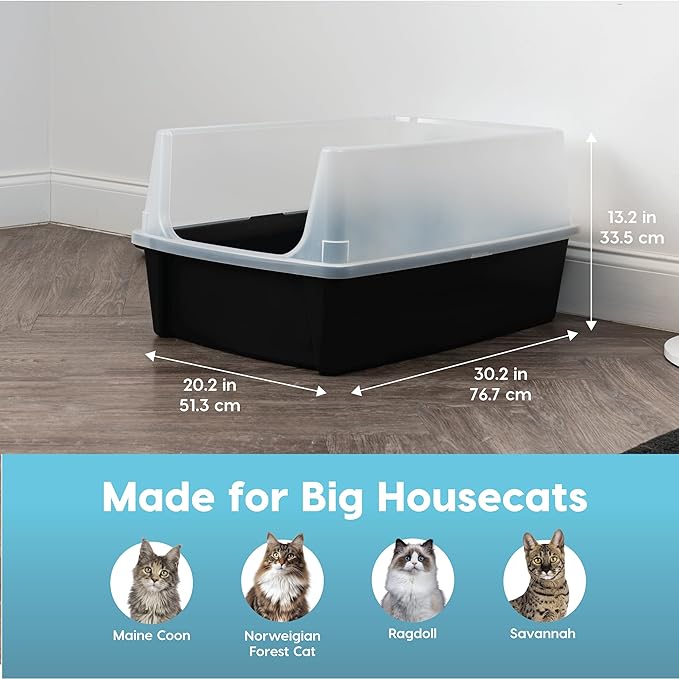IRIS USA Extra Large Cat Litter Box with Scatter Shield, Open Top High Sided Cat Litter Pan, Black