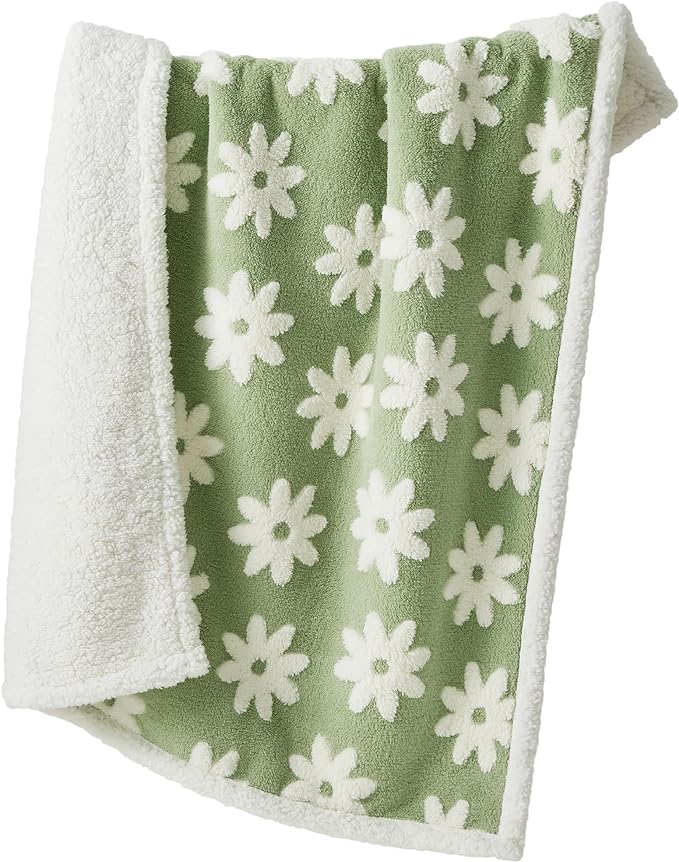 Lesure Waterproof Dog Blanket for Large Dogs - Washable Double Sided Dog Blankets with Warm Jacquard Shag and Soft Sherpa Fleece, Pet Cat blanket for Queen Bed Protection, 3D Textured Flower, Green