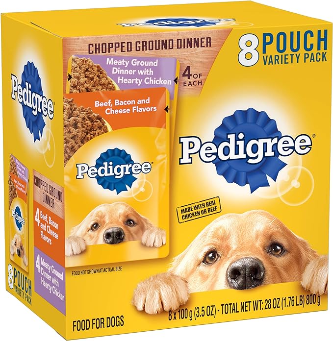 PEDIGREE CHOPPED GROUND DINNER Adult Soft Wet Dog Food 8-Count Variety Pack, 3.5 oz Pouches (Pack of 2)