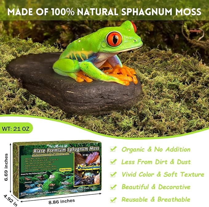 21 OZ Premium Sphagnum Moss for Reptiles- 50QT Natural Live Moss Reptile Moss Bedding for Terrarium, Hatching, Forest Sphagnum Moss Reptile Substrate for Snakes, Gecko, Turtles, Frogs, Leopard