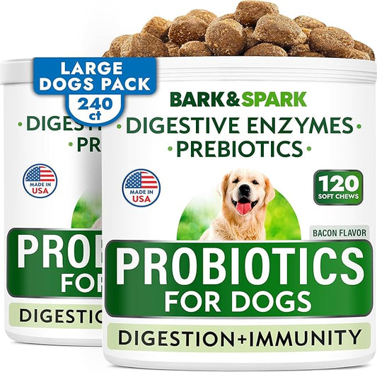 BARK&SPARK Dog Probiotics & Digestive Enzymes (Gut Health) Allergy & Itchy Skin - Pet Diarrhea Gas Treatment Upset Stomach Relief, Digestion Health Prebiotic Supplement Large Dog Treats (240Ct Bacon)