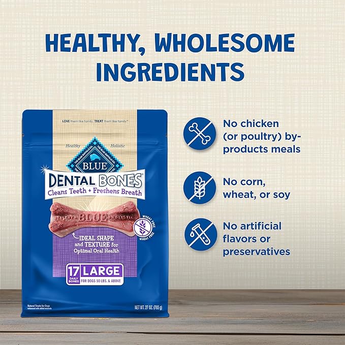 Blue Buffalo Dental Bones for Large Dogs 50 lbs. & Above, Daily Dental Dog Treats, Cleans Teeth & Freshens Breath, 27-oz. (17 Bones)