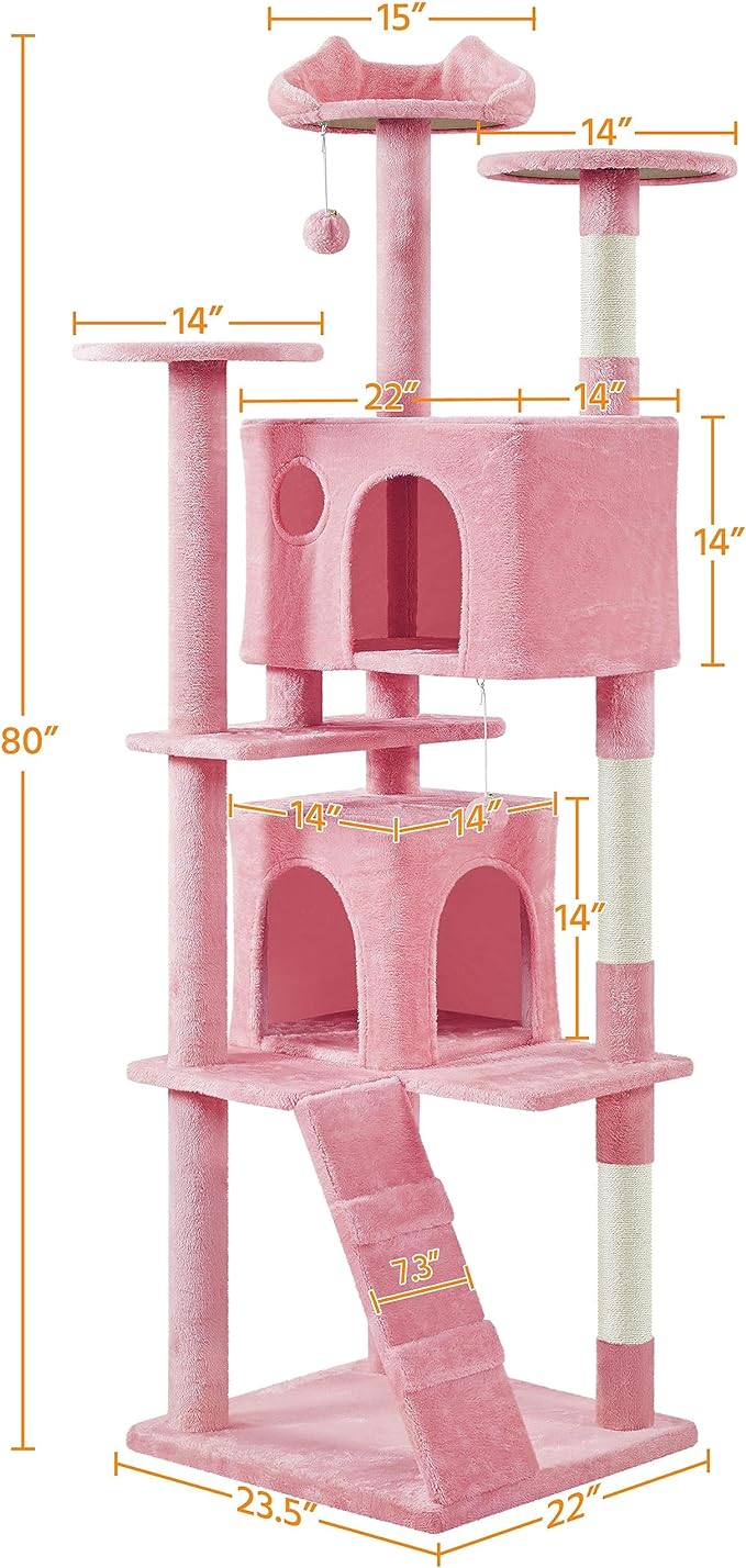 Yaheetech XL Cat Tree, 80in Multi-Level Cat Tower w/Cat Scratching Posts, Double Cat Condo, Perched Platforms and Dangling Balls, Cat Activity Center for Kittens Pets, Pink