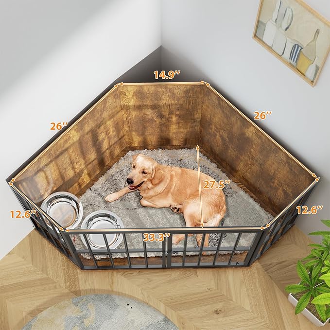 53 inch Furniture Dog Crate Corner, Dog Kennel Corner Wooden End Table with Bowl, Indoor Pet Crates Corner Side Table for Dogs, Wide Top Perfect for Limited Room