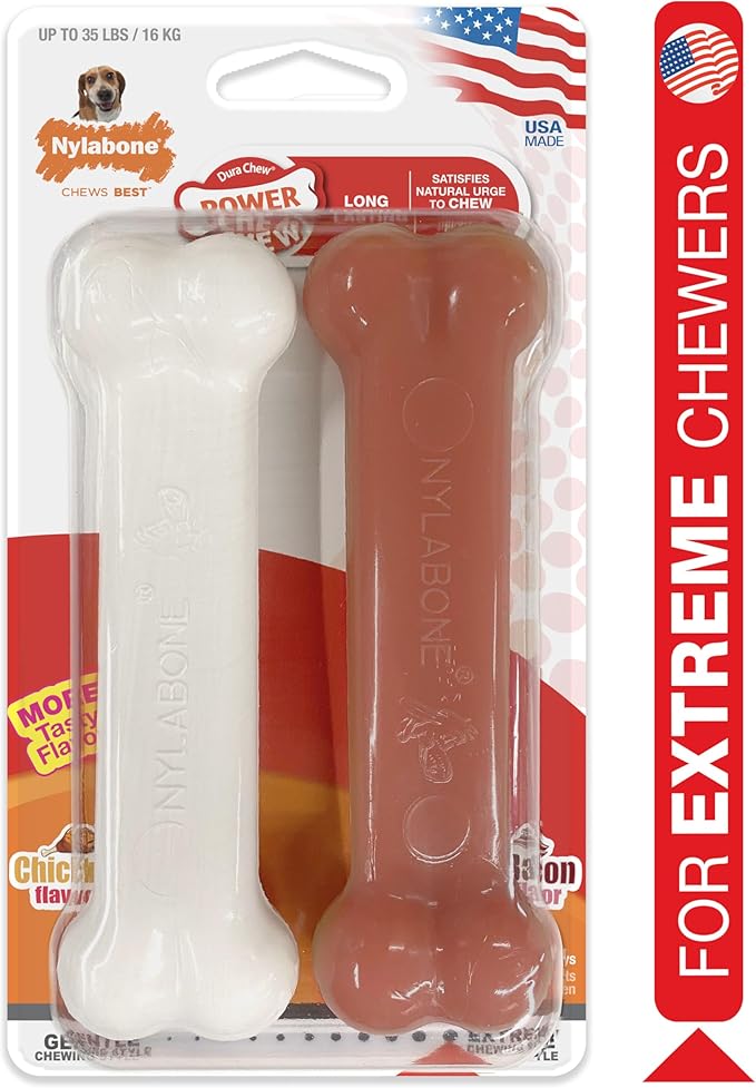 Nylabone Power Chew Classic Bone Chew Toy for Dogs, Durable Dog Toys for Aggressive Chewers, Bacon & Chicken Flavor, Medium/Wolf (2 Count)