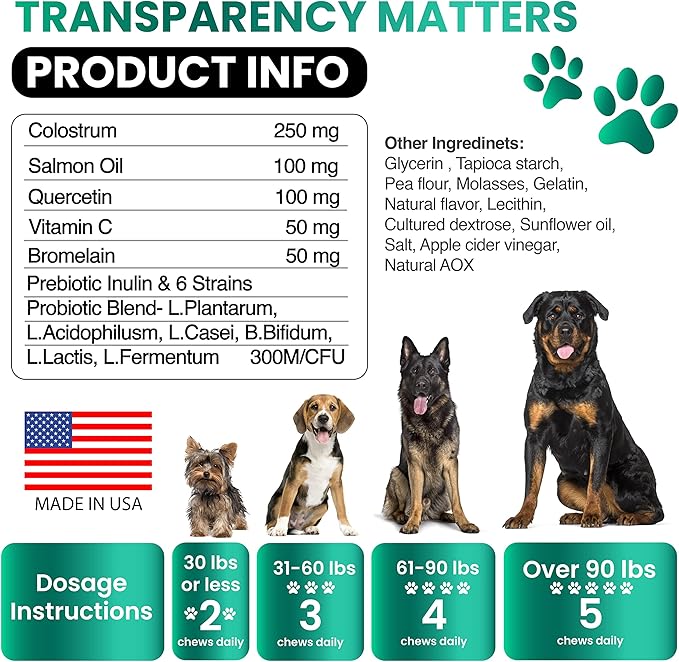 Dog Allergy Relief Chews - Dog Itch Relief - Probiotics, Omega 3 Fish Oil + Colostrum - Itchy Skin Relief - Seasonal Allergies - Anti Itch Support & Hot Spots - Immune Health Supplement - Made in USA