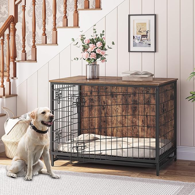 Dog Crate Furniture, Wooden Dog Kennel with Removable Tray, Heavy-Duty Dog Cage End Side Table, Indoor Dog House for Small/Medium/Large Dogs, 37.8" L, Rustic Brown DCHR0301Z