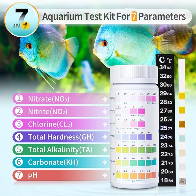 7 in 1 Aquarium Test Kit for Freshwater and Saltwater - 125 Aquarium Test Strips with Test Tube & Thermometer - Fast & Accurate Water Testing Strips for Aquarium/Pond/Pool