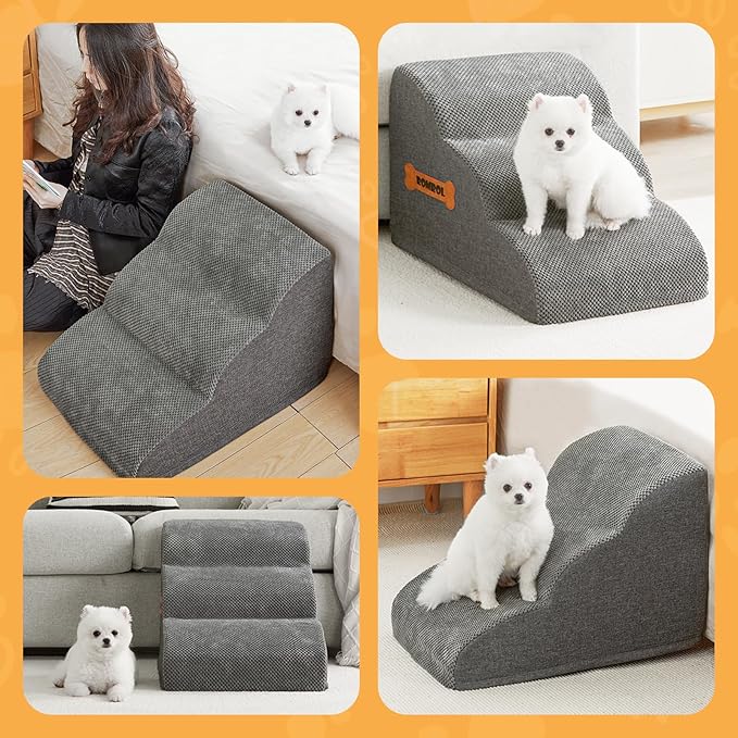 Dog Stairs Ramp for Bed, 15.7”H 3 Step Extra Wide High Density Memory Foam Pet Steps for Small Dogs puppy Cats, with Durable Non-Slip Waterproof Fabric Cover, Dog Slope Stairs Steps, Grey