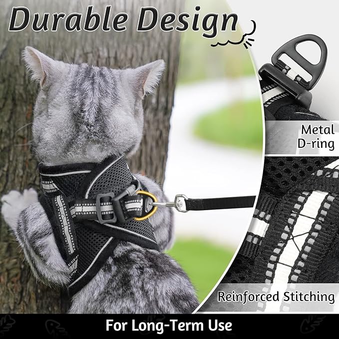 rabbitgoo Cat Harness and Leash Set for Walking Escape Proof, Adjustable Soft Kittens Vest with Reflective Strip for Cats, Comfortable Outdoor Vest, Black, XL