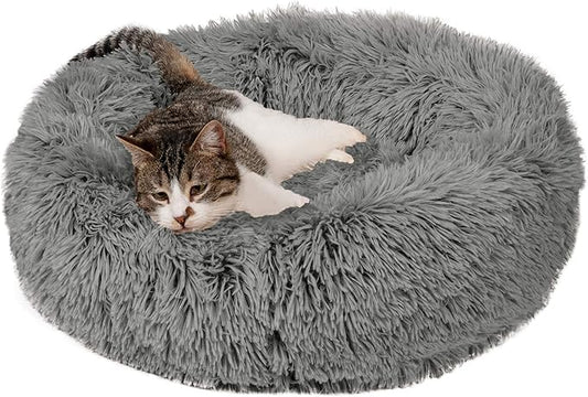 Furhaven 23" Round Calming Donut Dog Bed for Indoor Cats & Small Dogs, Washable, For Dogs Up to 20 lbs - Shaggy Plush Long Faux Fur Donut Bed - Gray, Small, 23.0"L x 23.0"W x 9.0"Th