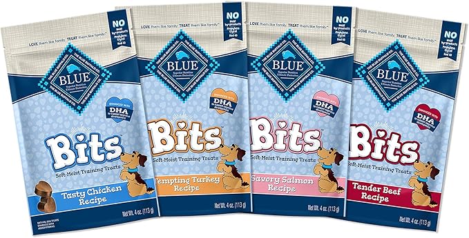 Blue Buffalo BLUE Bits Natural Soft-Moist Training Dog Treats, Beef, Salmon, Turkey, and Chicken Recipes 4-oz Variety Pack, 4Ct