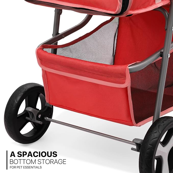 MoNiBloom 3 Wheels Pet Stroller, Foldable Puppy Cage Jogger Stroller with Weather Cover for All-Season, Storage Basket and Cup Holder, Breathable and Visible Mesh for Small/Medium Pets, Red