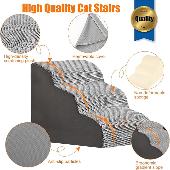 Mity rain Cat Stairs, 3-Steps Cat Stairs for Old Cats, Gentle Slop Design for Senior/Injury/Small Cats, Strong Support 3D Cat Ramp for Climbing on Bed Chair Couch