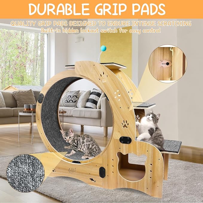 4-in-1 Cat Exercise Wheel, Cat Wheel Wood with Eight TPE Sile, Cat Litter Fitness Wheel for Indoor Cats,Climbing Ladders,Cat Scratching Board,Cat Bowls,Natural Wood