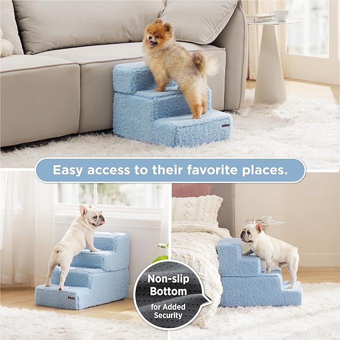 Lesure Dog Stairs for Small Dogs - Pet Stairs for Beds and Couch, Folding Pet Steps with CertiPUR-US Certified Foam for Cat and Doggy, Non-Slip Bottom Dog Steps, Blue, 3 Steps