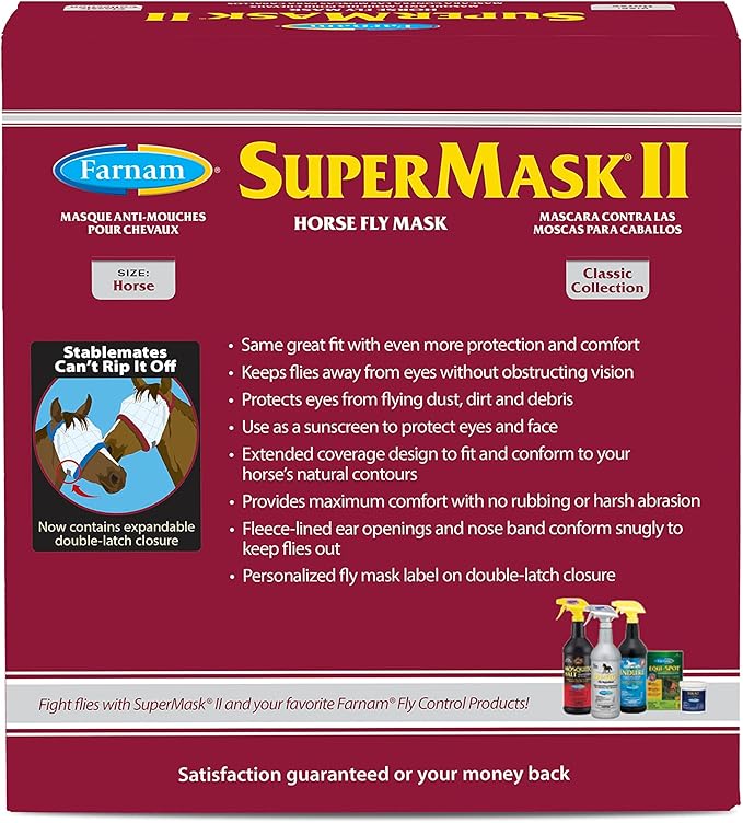 SuperMask II Fly Mask Without Ears for Average Size Horses, Full Face Coverage and Eye Protection from Insect Pests, Structured Classic Styling Mesh with Plush Trim, Horse Size