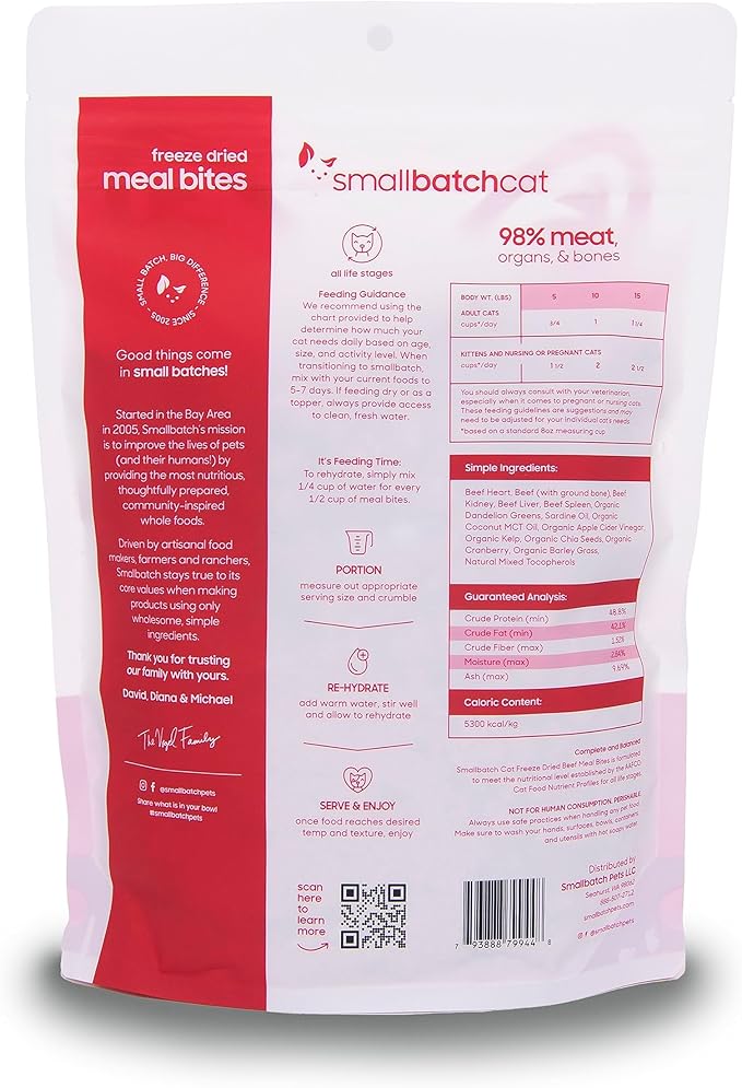 smallbatch Pets Cat Freeze Dried Meal Bites, Premium Raw Cat Food, Beef Recipe, 10 oz, Humanely Sourced Meat and Made in The USA