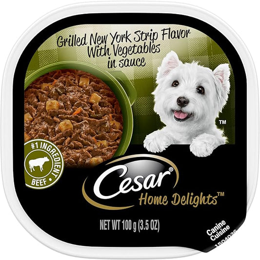 CESAR HOME DELIGHTS Adult Wet Dog Food Grilled New York Strip Flavor with Vegetables in Sauce, 3.5 oz. Easy Peel Trays, Pack of 24