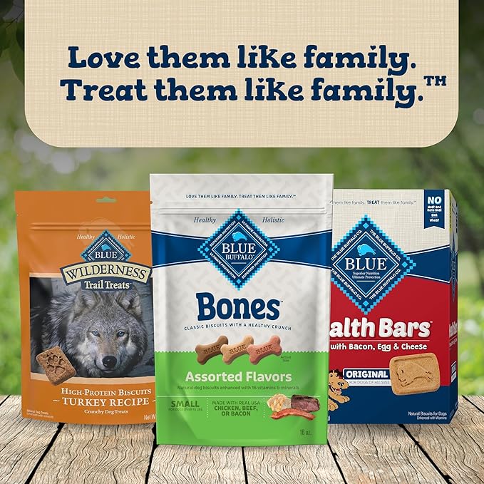 Blue Buffalo Bones Small Natural Dog Treats, Crunchy Dog Biscuits, Assorted Flavors - Beef, Chicken, Bacon Flavors, 16-oz. Bag (4 Pack)