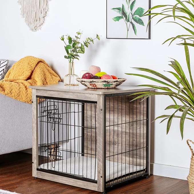 DWANTON Dog Crate Furniture with Cushion, Wooden Dog Crate with Double Doors, Dog Furniture, Dog Kennel Indoor for Small/Medium/Large Dog，End Table, Small, 27.2" L, Greige