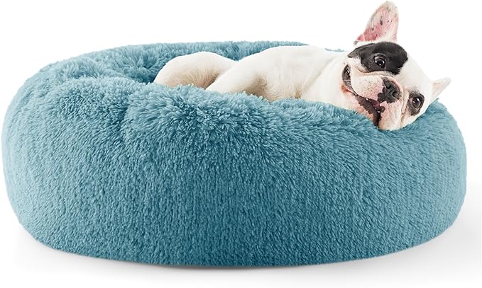 Bedsure Calming Dog Bed for Small Dogs - Donut Washable Small Pet Bed, 23 inches Anti-Slip Round Fluffy Plush Faux Fur Large Cat Bed, Fits up to 25 lbs Pets, Washed Blue